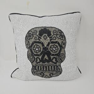 Skull pillow 14x14 in beaded black white
